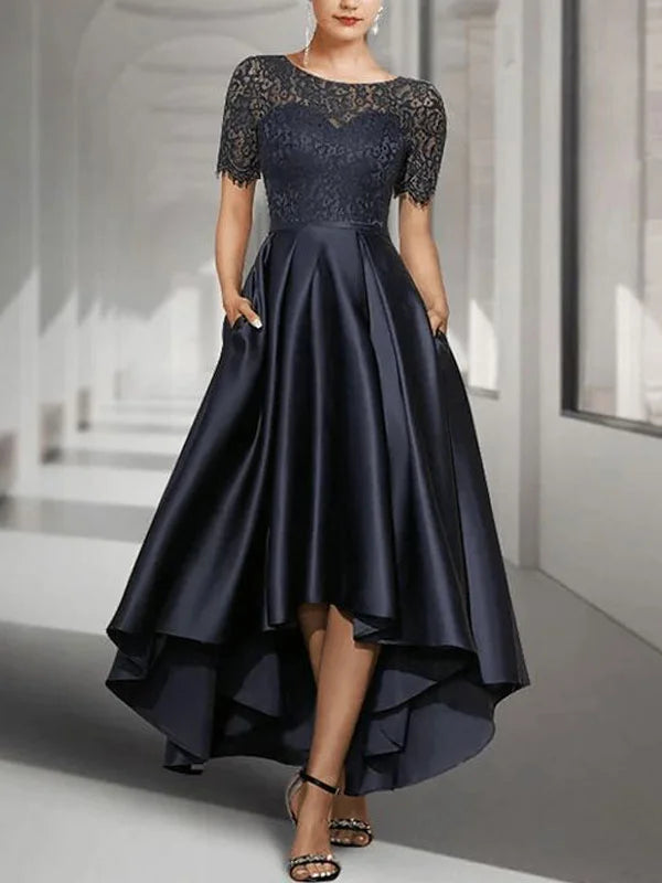 Formal Women's Dresses A-Line Scoop Neck Asymmetrical Satin Lace Mother of the Bride Dress With Pockets Free Custom Size Mother of the Bride Dress