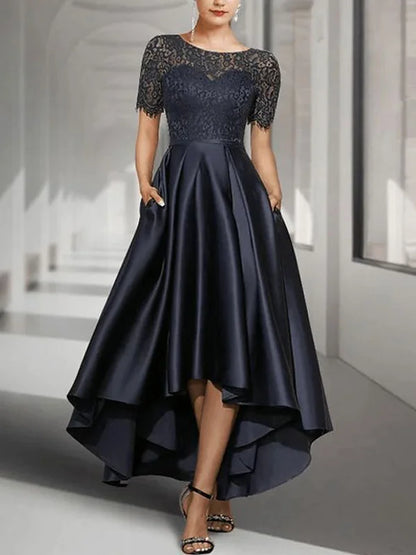 Formal Women's Dresses A-Line Scoop Neck Asymmetrical Satin Lace Mother of the Bride Dress With Pockets Free Custom Size Mother of the Bride Dress