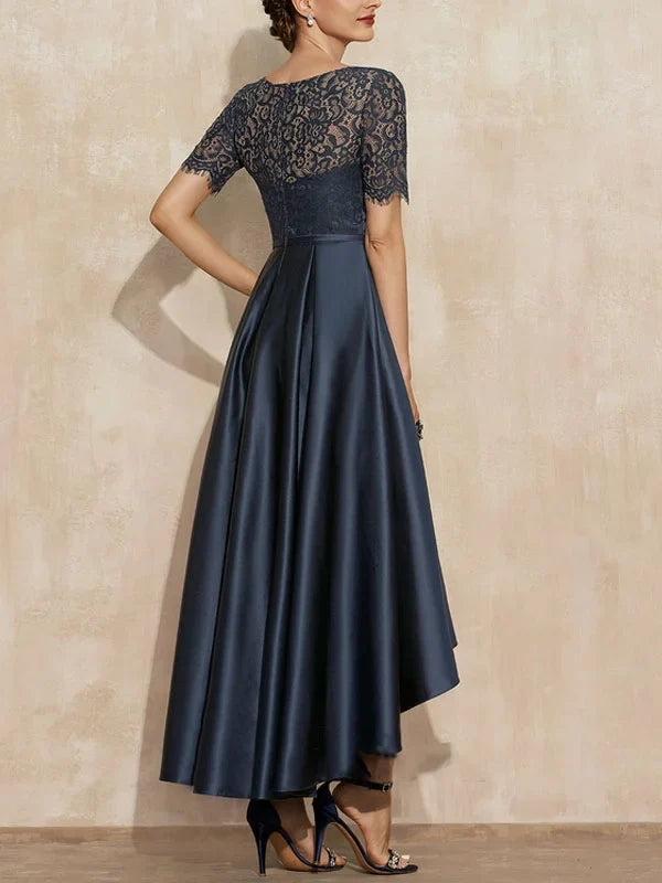 Formal Women's Dresses A-Line Scoop Neck Asymmetrical Satin Lace Mother of the Bride Dress With Pockets Free Custom Size Mother of the Bride Dress