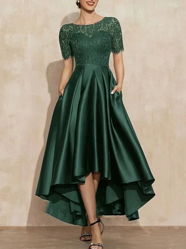 Formal Women's Dresses A-Line Scoop Neck Asymmetrical Satin Lace Mother of the Bride Dress With Pockets Free Custom Size Mother of the Bride Dress