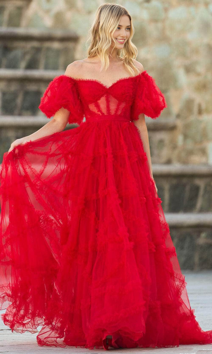 Formal Women's Dresses/ A-Line Short Puffed Sleeve Sweetheart Ruffled Evening Dress Prom Dress/ Dress For Formal