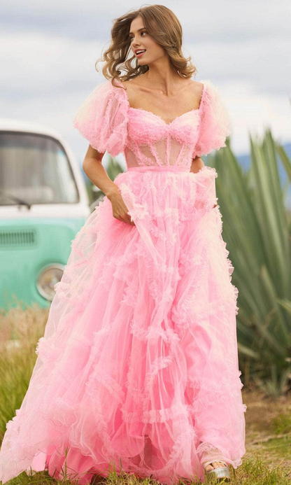 Formal Women's Dresses/ A-Line Short Puffed Sleeve Sweetheart Ruffled Evening Dress Prom Dress/ Dress For Formal
