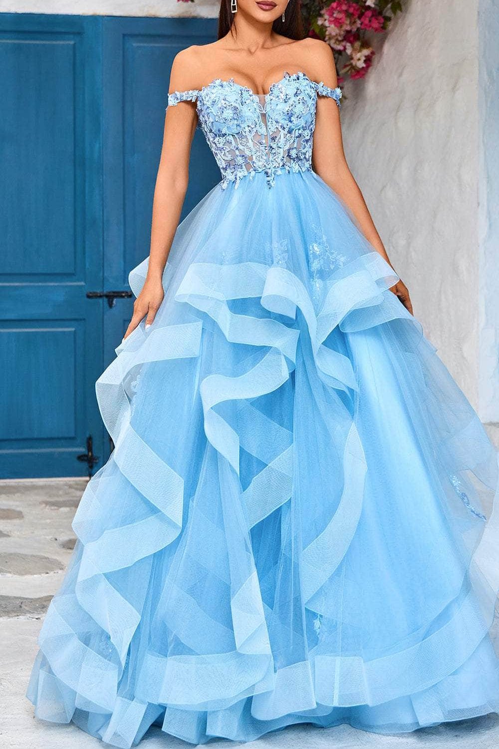 Formal Women's Dresses A-line/Princess Sweetheart Ruffle Skirt Evening Dress Off-the-Shoulder Floor Length Backless Prom Dress Prom Dress Shops