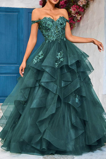 Formal Women's Dresses A-line/Princess Sweetheart Ruffle Skirt Evening Dress Off-the-Shoulder Floor Length Backless Prom Dress Prom Dress Shops