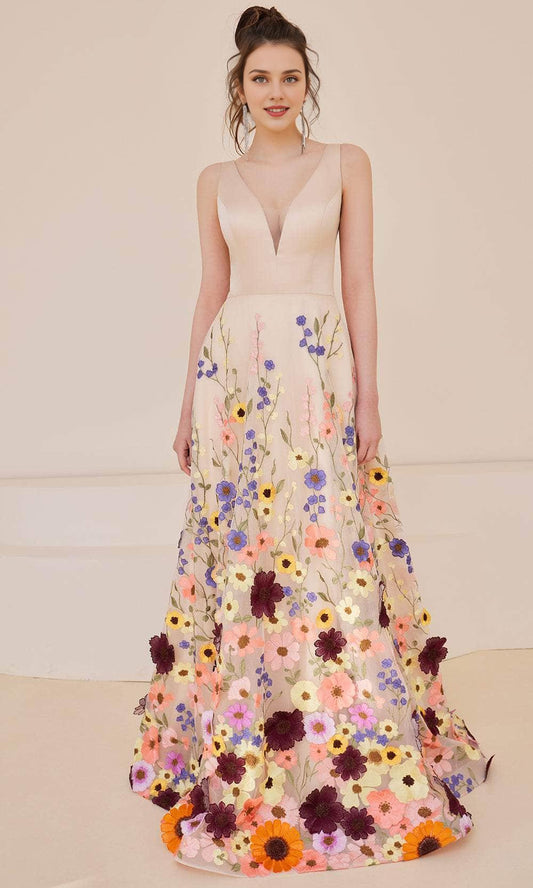 Formal Women's Dresses/ A-line Vibrant Floral Appliqued Hem Sleeveless Open Back Prom Dress Evening Dress
