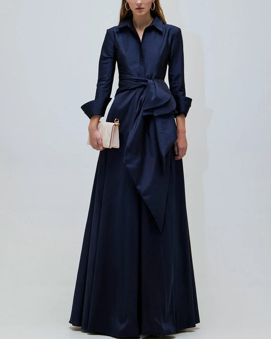 Navy Taffeta A‑Line Shirt‑Collar Long‑Sleeve Bow‑Waist Floor‑Length Mother Of The Bride Dress