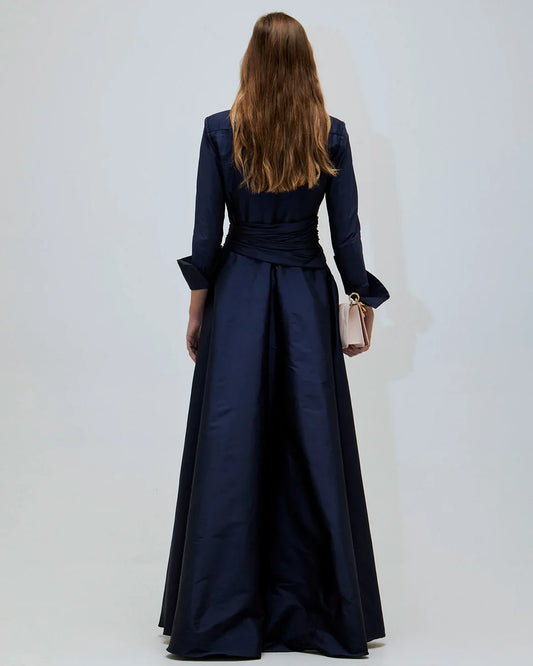 Navy Taffeta A‑Line Shirt‑Collar Long‑Sleeve Bow‑Waist Floor‑Length Mother Of The Bride Dress