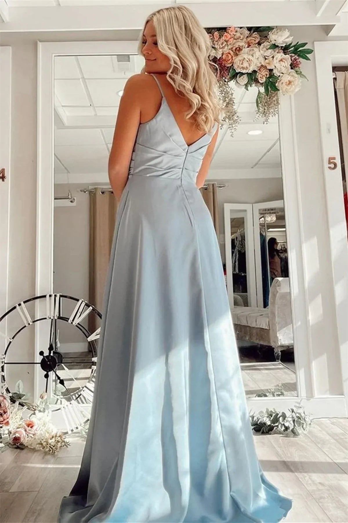 Formal Women's Dresses A Line Long Prom Dresses with Pocket V Neck Red/Pink/Blue Formal Graduation Evening Dresses / Prom Dress Shop