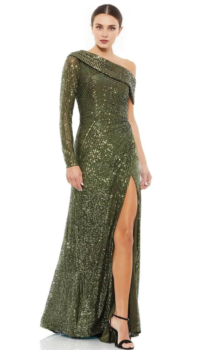 Formal Women's Dresses/ Asymmetrical Neck Pleats Long Sleeve Sequined Sheath High Slit Evening Prom Dress/ Prom Dress In Store
