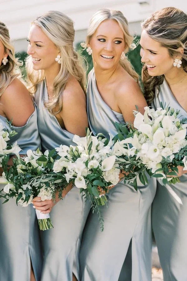 Formal Women's Dresses/Asymmetrical Ruffle Slit Black Bridesmaid Dresses with One Shoulder