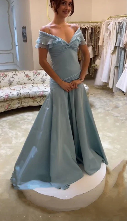 Elegant Ruched‑Chiffon Mermaid Sweetheart Off‑Shoulder Ruffle‑Cuff Beaded Floor‑Length Evening Dresses