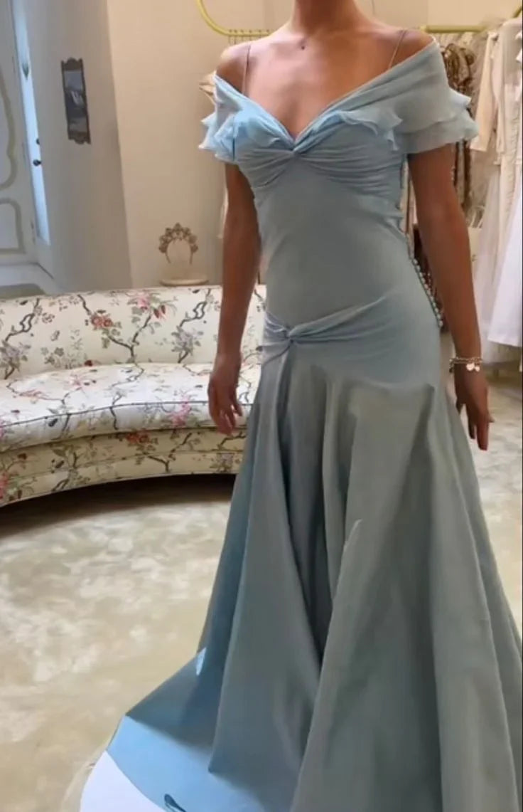 Elegant Ruched‑Chiffon Mermaid Sweetheart Off‑Shoulder Ruffle‑Cuff Beaded Floor‑Length Evening Dresses