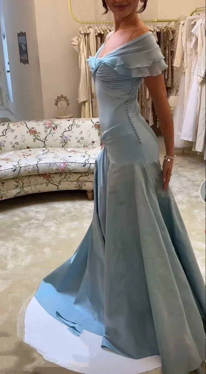 Elegant Ruched‑Chiffon Mermaid Sweetheart Off‑Shoulder Ruffle‑Cuff Beaded Floor‑Length Evening Dresses