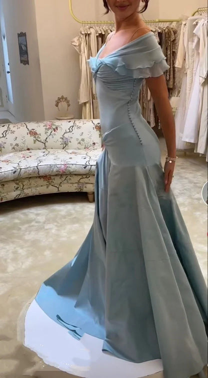 Elegant Ruched‑Chiffon Mermaid Sweetheart Off‑Shoulder Ruffle‑Cuff Beaded Floor‑Length Evening Dresses