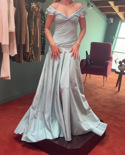 Elegant Ruched‑Chiffon Mermaid Sweetheart Off‑Shoulder Ruffle‑Cuff Beaded Floor‑Length Evening Dresses