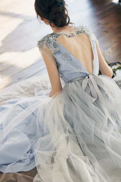 Formal Women's Dresses Blue Elegant Cute A-line Long Prom Dress Backless Beaded Formal Evening Gown