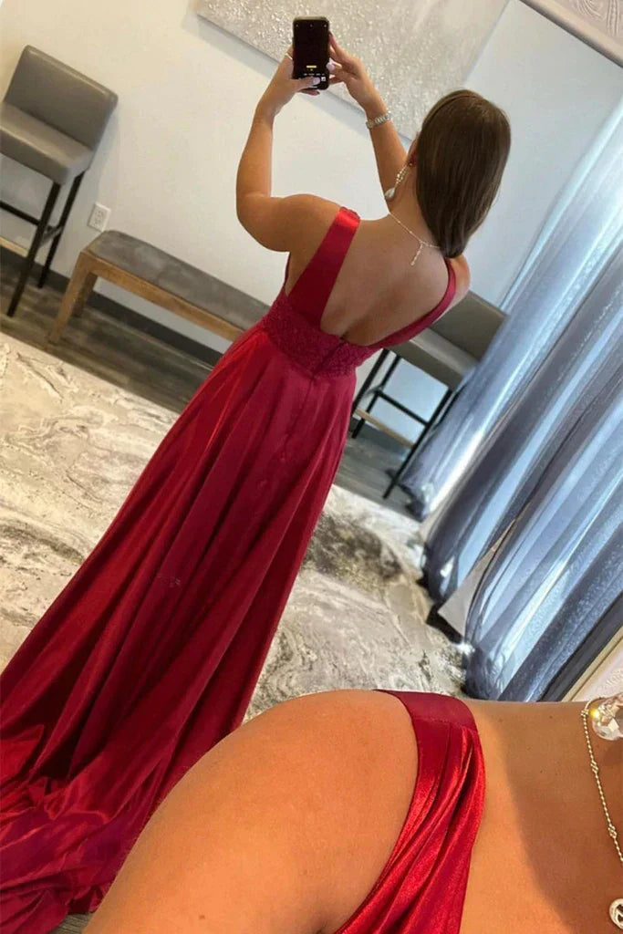 Formal Women's Dresses Burgundy V Neck Lace Long Prom Evening Dress With High Slit / Prom Dress Shop
