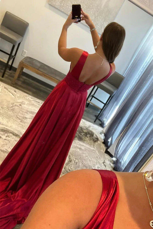 Formal Women's Dresses Burgundy V Neck Lace Long Prom Evening Dress With High Slit / Prom Dress Shop