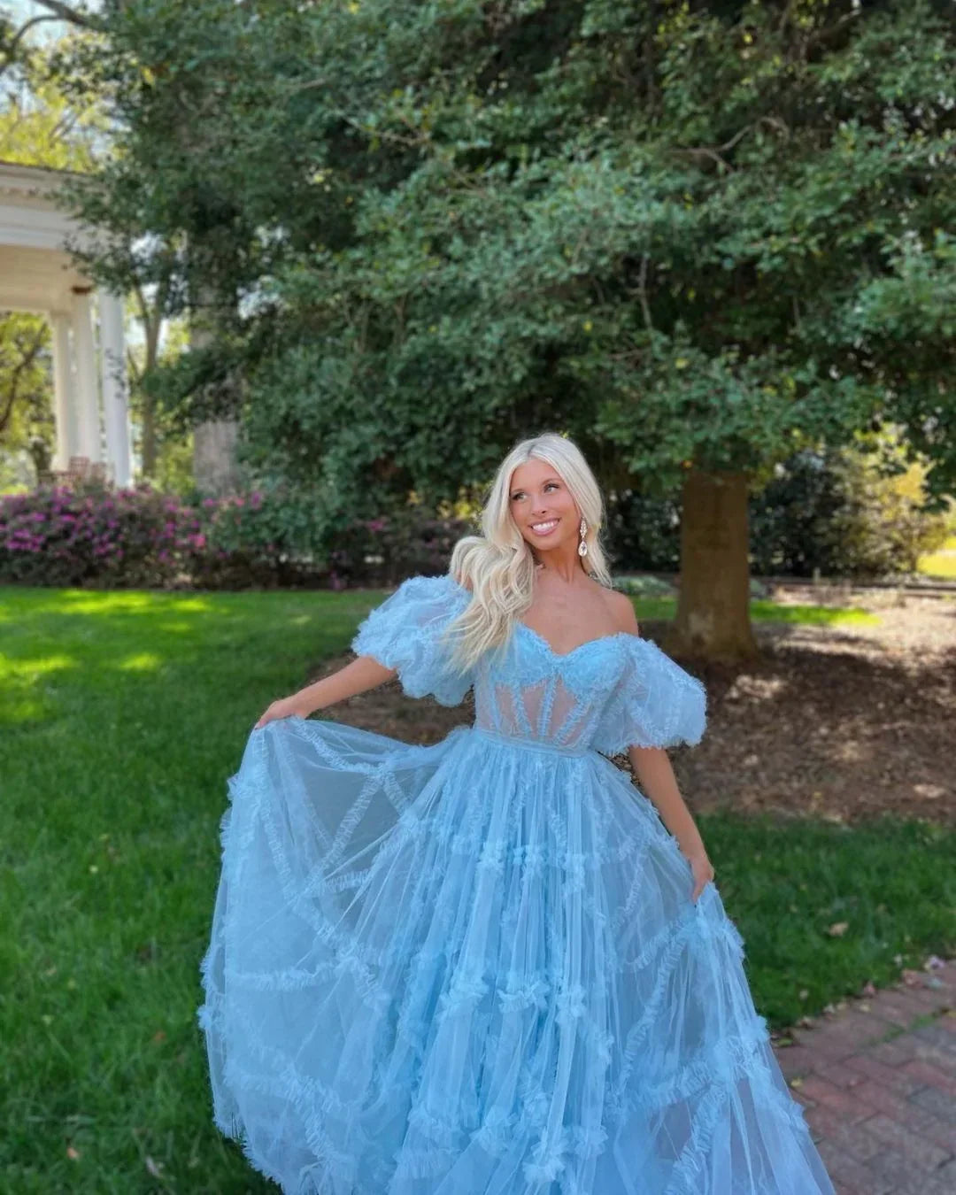 Formal Women's Dresses Charming A Line Off the Shoulder Blue Tulle Prom Dresses / Prom Dress Shop
