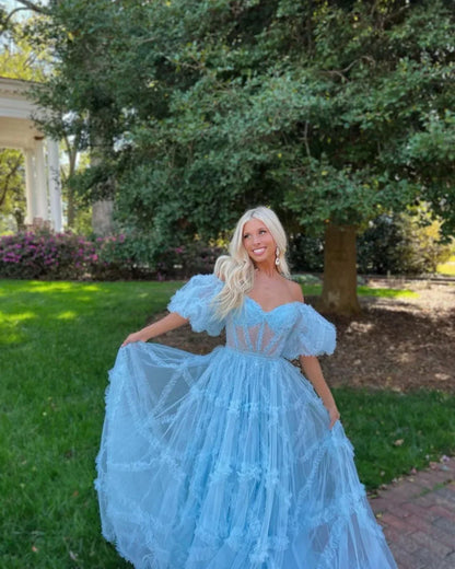 Formal Women's Dresses Charming A Line Off the Shoulder Blue Tulle Prom Dresses / Prom Dress Shop