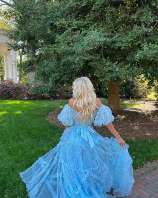 Formal Women's Dresses Charming A Line Off the Shoulder Blue Tulle Prom Dresses / Prom Dress Shop
