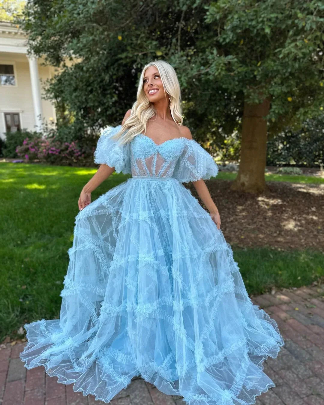 Formal Women's Dresses Charming A Line Off the Shoulder Blue Tulle Prom Dresses / Prom Dress Shop