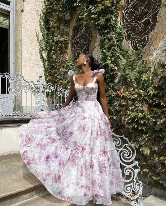 Formal Women's Dresses Chiffon A-line Floral Print Prom Dress Senior Prom Gown