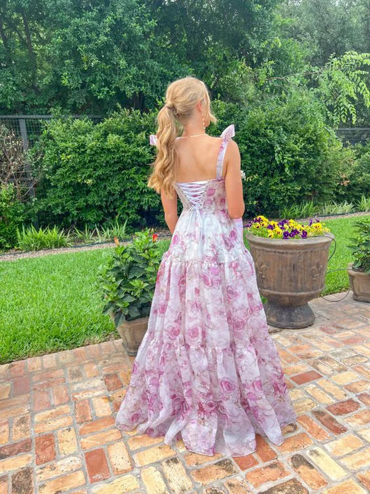 Formal Women's Dresses Chiffon A-line Floral Print Prom Dress Senior Prom Gown