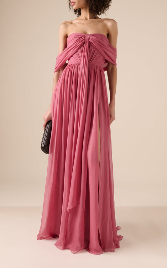 Formal Women's Dresses Dusty Rose Off-The-Shoulder Sleeveless Chiffon With Side Slit Maxi Prom Dress