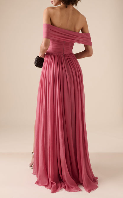Formal Women's Dresses Dusty Rose Off-The-Shoulder Sleeveless Chiffon With Side Slit Maxi Prom Dress