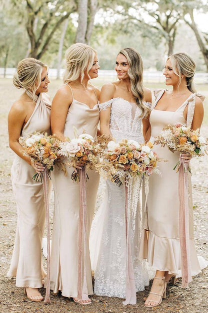 Formal Women's Dresses/Elegant Champagne Long Mismatch Bridesmaid Dress