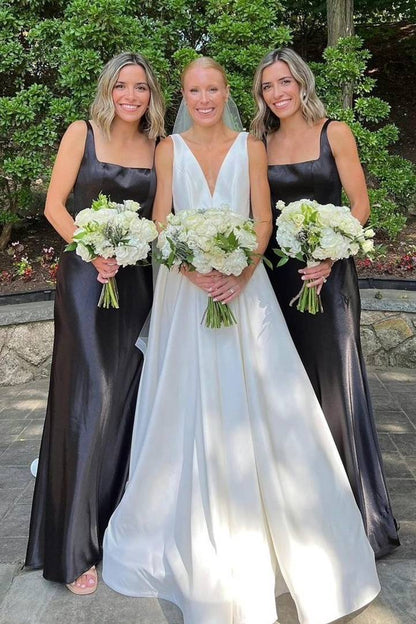 Formal Women's Dresses/Elegant Square Neck Black Long Bridesmaid Dress