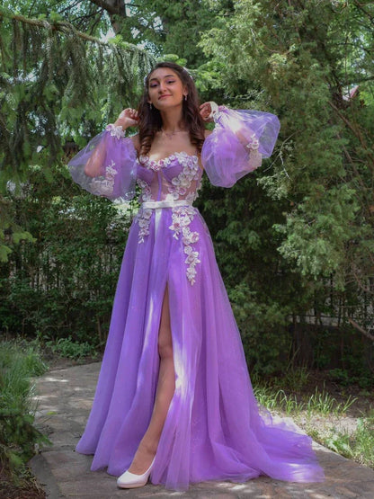 Formal Women's Dresses Gorgeous Floral Tulle A-line Long Sleeves Prom Dresses Gowns / Prom Dress Shop
