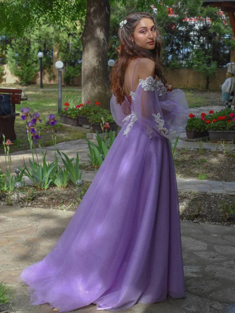 Formal Women's Dresses Gorgeous Floral Tulle A-line Long Sleeves Prom Dresses Gowns / Prom Dress Shop