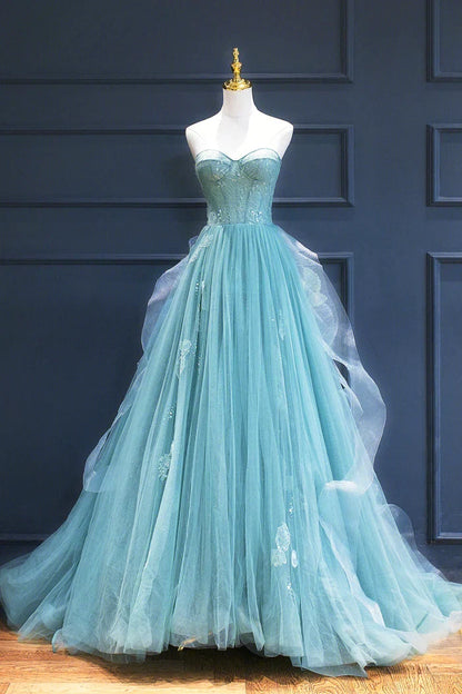 Formal Women's Dresses Green Lace Tulle A-line Long Formal Dress Strapless Evening Dress / Prom Dress Shop