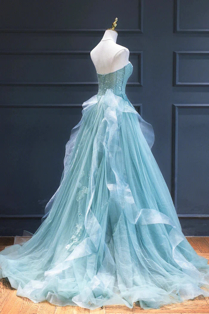 Formal Women's Dresses Green Lace Tulle A-line Long Formal Dress Strapless Evening Dress / Prom Dress Shop