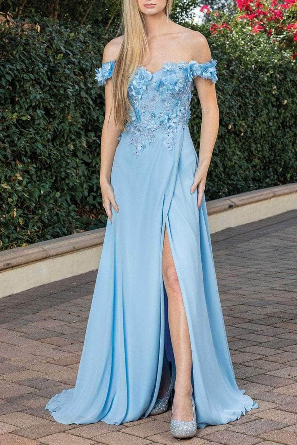 Formal Women's Dresses Handmade Floral Detailed Off Shoulder Prom Dress With Hight Slit Floor Length Evening Dress Prom Dresses Stores