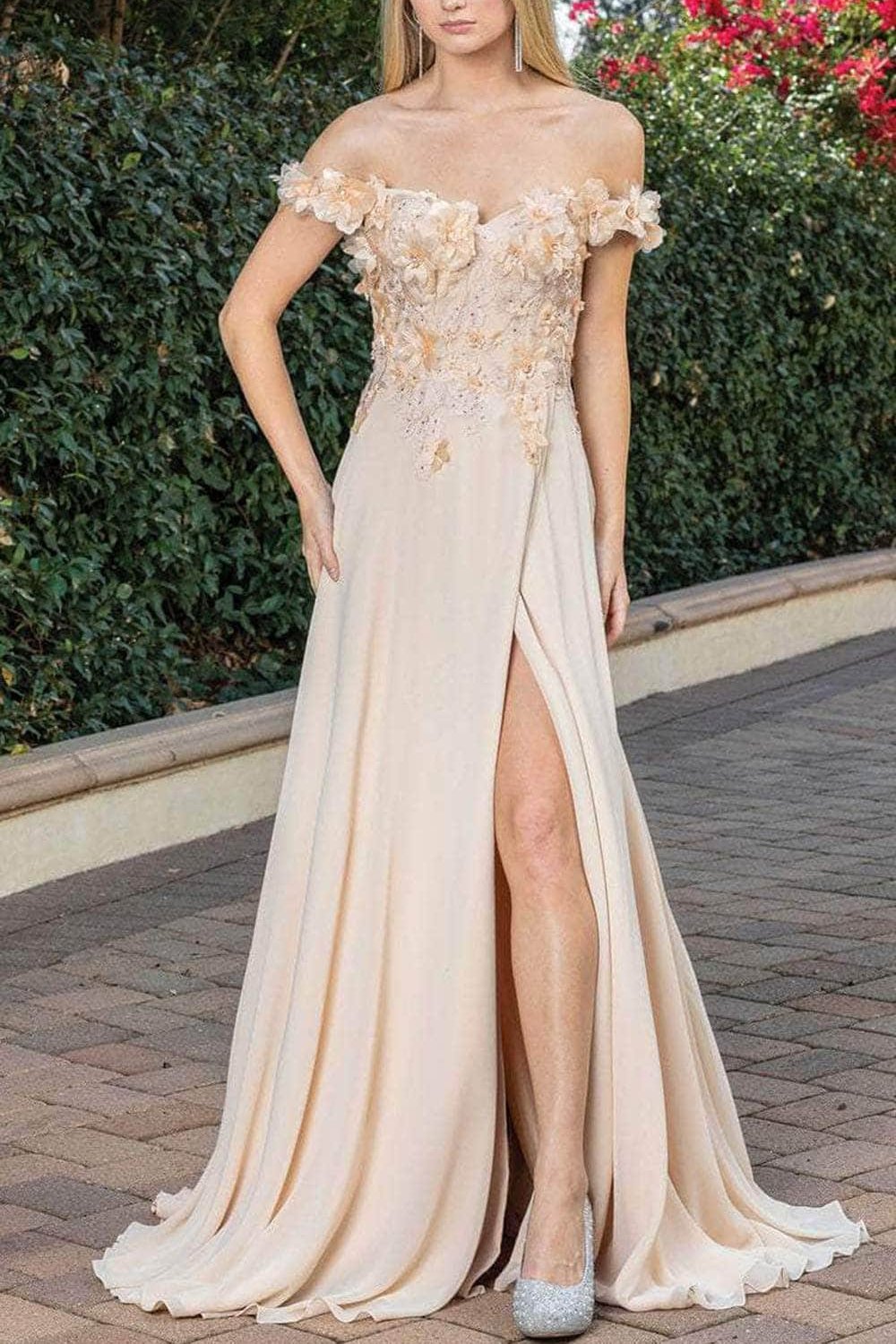 Formal Women's Dresses Handmade Floral Detailed Off Shoulder Prom Dress With Hight Slit Floor Length Evening Dress Prom Dresses Stores