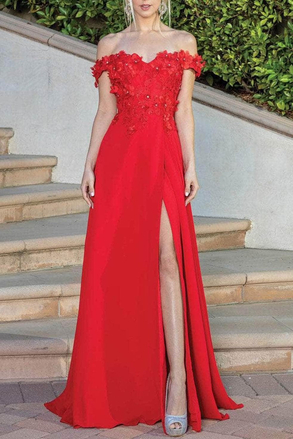 Formal Women's Dresses Handmade Floral Detailed Off Shoulder Prom Dress With Hight Slit Floor Length Evening Dress Prom Dresses Stores