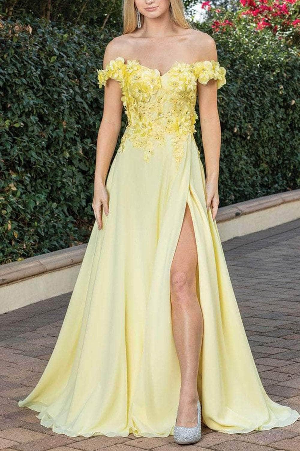 Formal Women's Dresses Handmade Floral Detailed Off Shoulder Prom Dress With Hight Slit Floor Length Evening Dress Prom Dresses Stores