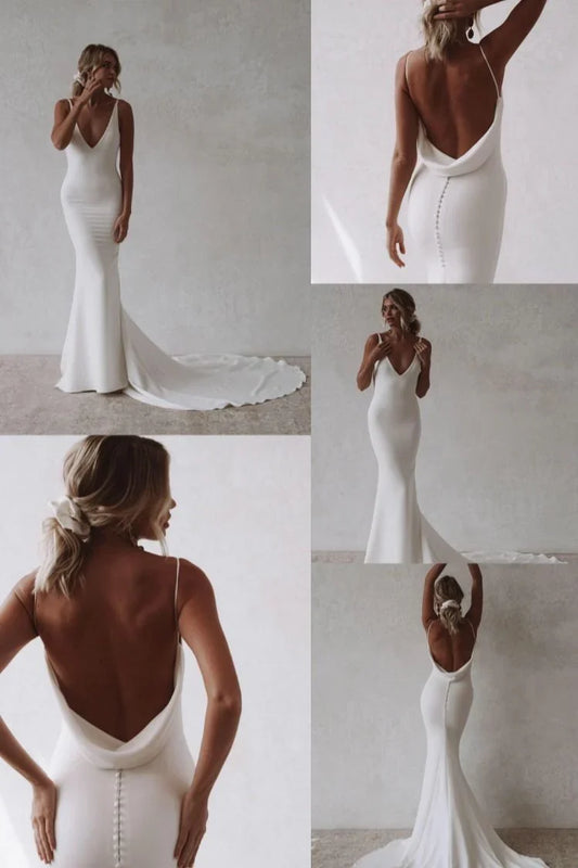 Formal Women's Dresses Mermaid Beach Wedding Dress Sexy Deep V-neck Backless Bride Gown/ Prom Dress Shop