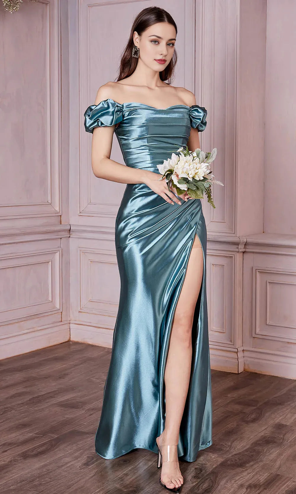 Formal Women's Dresses Mermaid/Princess Strapless Off Shoulder Pleated Prom Dress Floor Length With Hight Slit Prom Dress Prom Dress Shops