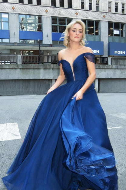 Formal Women's Dresses Off the Shoulder Navy Blue Chiffon A-line Long Formal Dress Backless Prom Dress Prom Dress In Store