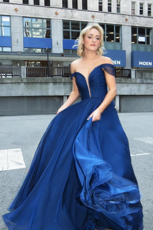 Formal Women's Dresses Off the Shoulder Navy Blue Chiffon A-line Long Formal Dress Backless Prom Dress Prom Dress In Store