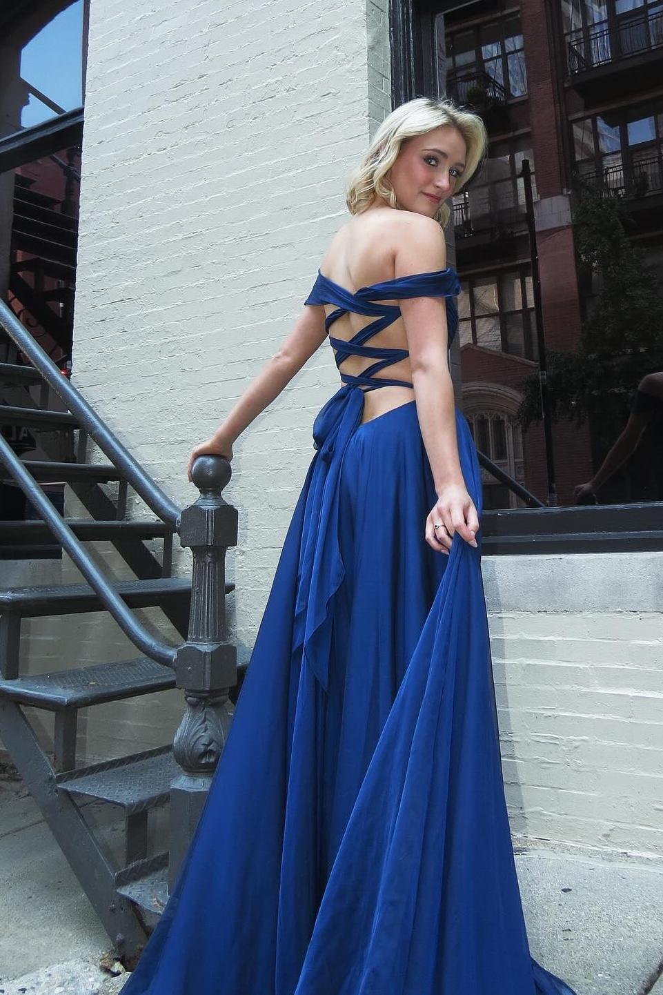Formal Women's Dresses Off the Shoulder Navy Blue Chiffon A-line Long Formal Dress Backless Prom Dress Prom Dress In Store