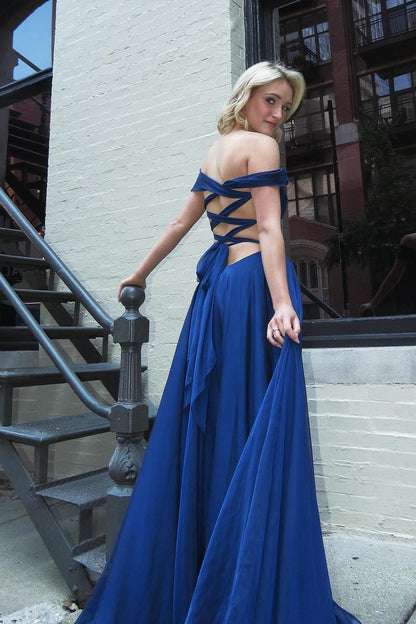 Formal Women's Dresses Off the Shoulder Navy Blue Chiffon A-line Long Formal Dress Backless Prom Dress Prom Dress In Store
