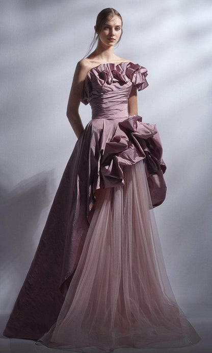 Formal Women's Dresses/ Ruffled Strapless Floor length A-line Sweep Train Evening Dress