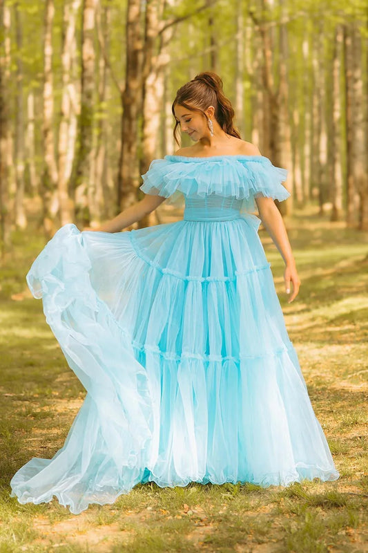 Formal Women's Dresses Ruffles Off the Shoulder Corset A-line Long Formal Dress With Train Prom Dress Prom Dress In Store