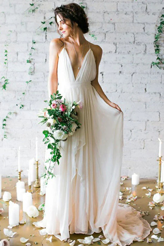 Formal Women's Dresses Sexy A-Line Deep V-Neck Backless Chiffon Boho Wedding Dresses with Pleats / Prom Dress Shop