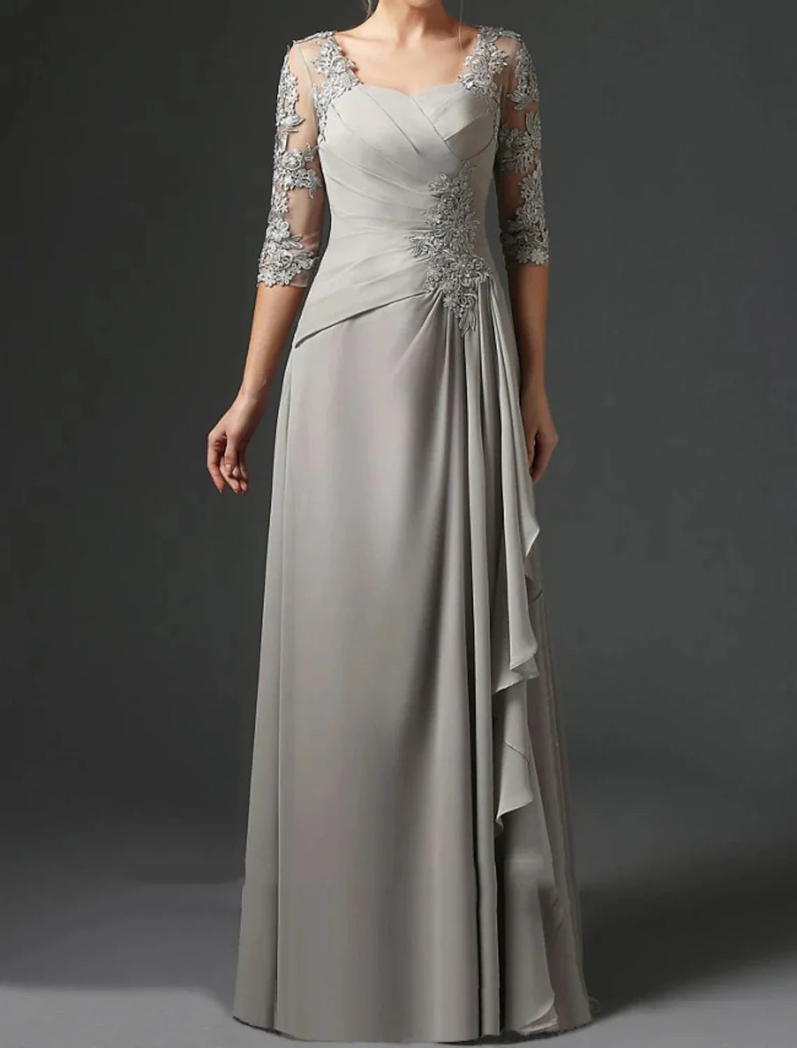Formal Women's Dresses Sheath Mother of the Bride Dress Wedding Guest Elegant Square Neck Floor Length Chiffon Lace Half Sleeve with Ruching Free Custom Size Mother of the Bride Dress